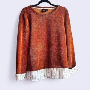 Rafaella Orange and White Crew Neck Sweater with Layered Hem